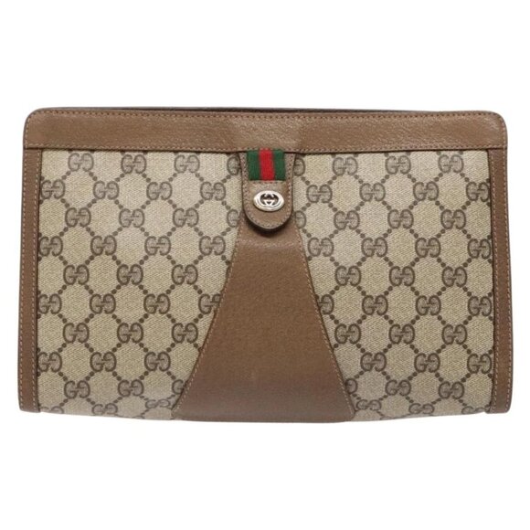 GUCCI GG Supreme Web Sherry Line Clutch Bag PVC Beige Gold 89 01 033 Auth BA5113 - Picture 2 of 15